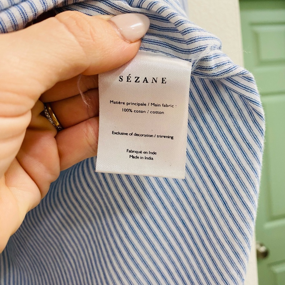 Sezane Blue and White Pinstripe Smocked Neck Blouse - Picture 5 of 9